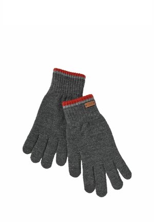 Par de guantes de punto gris oscuro con ribete rojo y gris en las muñecas y una pequeña etiqueta marrón en un guante.