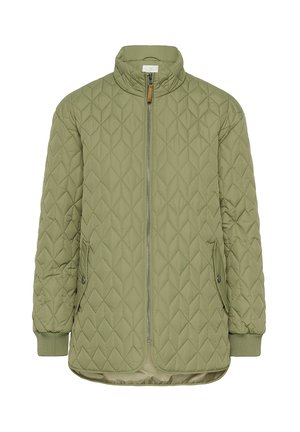 Quilted Jacke in Olivgrün, mit Stehkragen, Reißverschluss vorne und Seitentaschen. Das Material hat eine glatte Textur mit einer Rautensteppung.