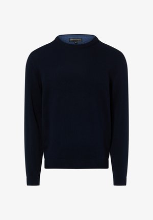 Marineblauer Pullover mit Rundhalsausschnitt aus weichem Strickstoff, mit langen Ärmeln sowie gerippten Bündchen und Saum. Innen ist er mit einem kontrastierenden hellblauen Besatz versehen.