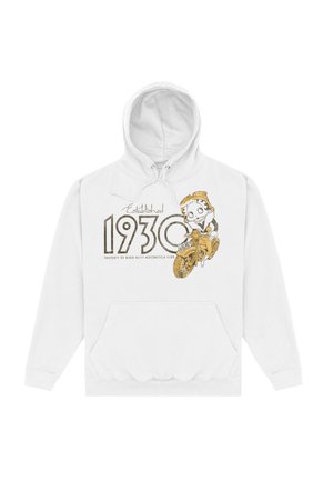 Biała bluza z kapturem z grafiką kreskówkowej postaci na motocyklu, z tekstem "Założono w 1930" oraz "Własność KLUBU MOTOCYKLOWEGO BIKER BITY".