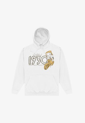 Biała bluza z kapturem z grafiką kreskówkowej postaci na motocyklu, z tekstem "Założono w 1930" oraz "Własność KLUBU MOTOCYKLOWEGO BIKER BITY".