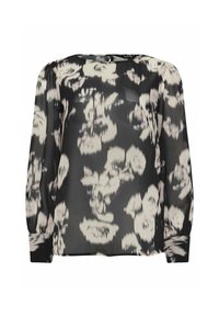 Blusa nera trasparente con motivo floreale in bianco e rosa chiaro. Maniche lunghe con polsini aderenti. Tessuto morbido e leggero.