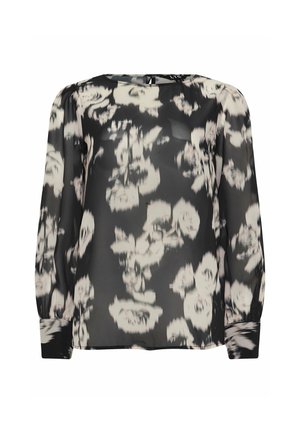 Blusa negra transparente con un estampado floral en blanco y rosa claro. Mangas largas con puños ajustados. Tejido suave y ligero.