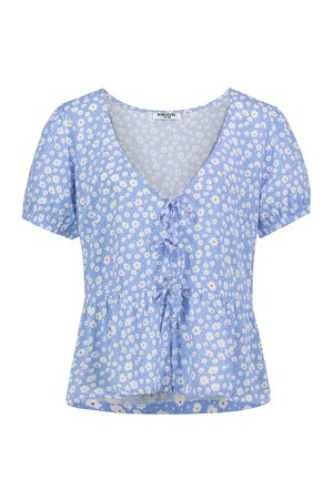 Hellbluse mit floralem Muster, kurzen Puffärmeln, V-Ausschnitt und gestuftem Peplum Saum. Hat kleine weiße und rosa Gänseblümchen-Muster.