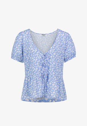 Hellbluse mit floralem Muster, kurzen Puffärmeln, V-Ausschnitt und gestuftem Peplum Saum. Hat kleine weiße und rosa Gänseblümchen-Muster.