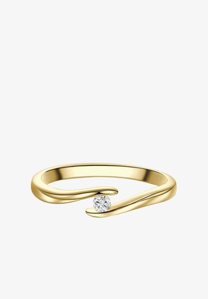 Dünner Goldring mit wellenförmigem Design, der einen kleinen runden klaren Edelstein zwischen den offenen Enden hält.