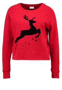 Felpa rossa con una grafica di renna nera e stelle. Presenta un colletto girocollo e lunghe maniche raglan. Realizzata in tessuto morbido.