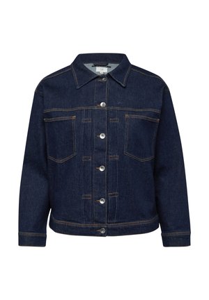 Veste en jean bleu foncé avec fermeture à boutons, deux poches poitrine, manches longues et surpiqûres contrastantes orange.