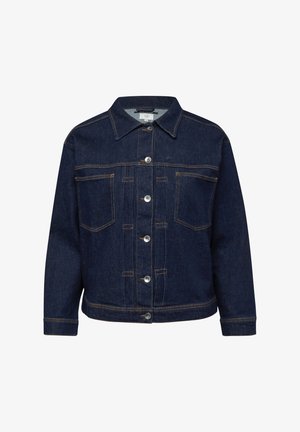 Veste en jean bleu foncé avec fermeture à boutons, deux poches poitrine, manches longues et surpiqûres contrastantes orange.