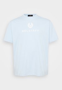Light blue cotton t-shirt featuring a crew neck, short sleeves, and a white "BELSTAFF" logo with a winged emblem centered above it.