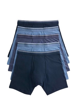 Fem par herre boxer briefs i forskellige nuancer af blå, stablet med elastiske linninger med tynde hvide striber.