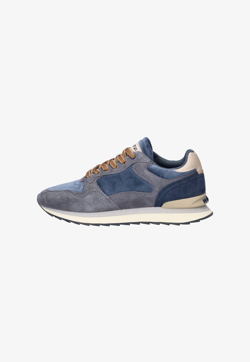 Men's sneakers in blue and gray suede with a textured finish, featuring brown laces and a cream rubber sole. Side view shows design details.