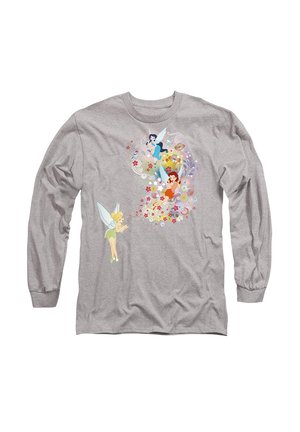Long-sleeve gray shirt featuring colorful illustrations of fairies and floral patterns, with a crew neck and soft cotton texture.
