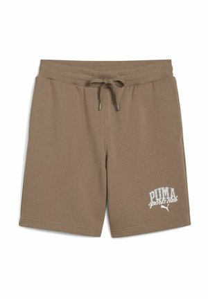 Brūnas kokvilnas šorti ar elastīgu jostu, saites aizdari un sānu kabatām. Aizdara PUMA sporta kluba logo baltā krāsā.