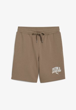 Brown cotton shorts with an elastic waist, drawstring closure, and side pockets. Features PUMA sports club logo in white.