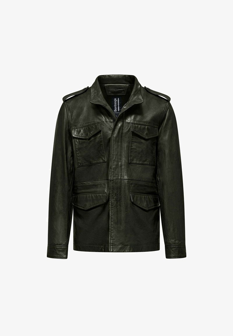 Giacca in pelle verde scuro con spalline, due tasche sul petto e bordo dritto. Texture liscia con dettagli di cucitura visibili.