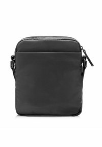 Czarna torebka na ramię wykonana z gładkiego nylonu, z zamkiem błyskawicznym, przednią kieszenią i regulowanym paskiem dla większej wszechstronności.