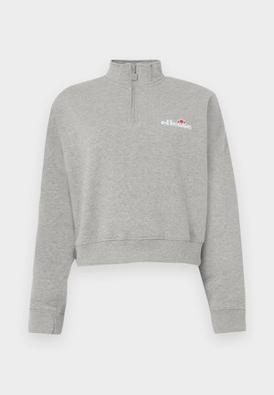 Grau geschnittenes Sweatshirt mit hohem Kragen und Viertelreißverschluss. Vorderes Logo in Weiß mit roten Akzenten. Weiches Material mit gerippten Bündchen.