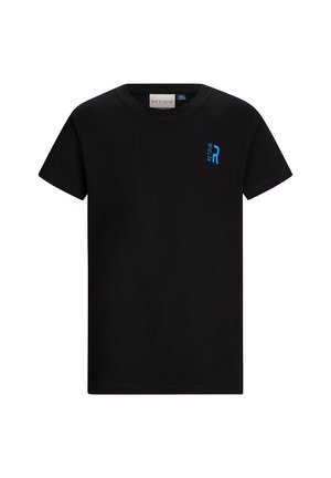 Zwart T-shirt met korte mouwen, een kleine blauwe "RETOUR"-logo op de linkerborst en een ronde hals.