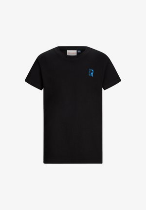 Czarny t-shirt z krótkim rękawem, z małym niebieskim logo "RETOUR" na lewej piersi i okrągłym dekoltem.