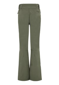 Pantaloni da sci verde oliva con design a gamba svasata, realizzati in materiale resistente, con una texture liscia e un sottile dettaglio del logo sul retro.