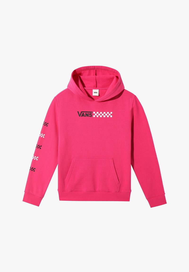 Hoodie rose avec une poche frontale, présentant des motifs à damier noir et blanc sur les manches et un logo sur la poitrine. Matériau en coton.