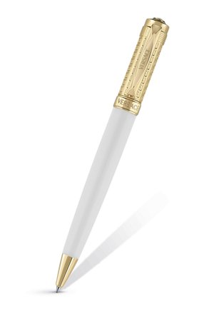 Penna bianca con punta e cappuccio dorati, con motivi intricati e il logo "Versace" sulla clip e sulla fascia.