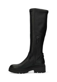 Knähöga svarta stövlar i slätt läder, med en sidodragkedja, massiv sula och minimalistisk design. Strukturerat grepp på sulan.