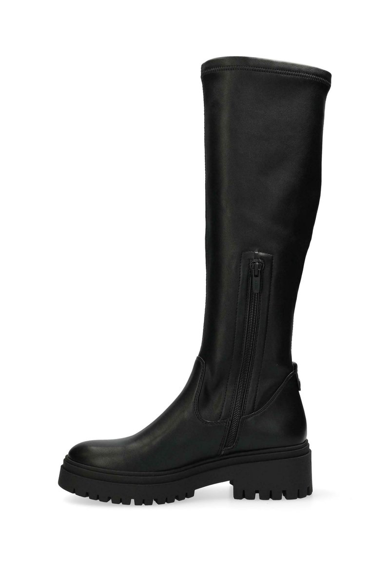 Schwarze Stiefel bis zum Knie aus glattem Leder mit einem seitlichen Reißverschluss, klobiger Sohle und minimalistischem Design. Texturierter Grip auf der Sohle.