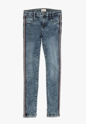 Denim skinny jeans in medium wash, featuring side stripes in red and white, five pockets, and a classic button and zipper closure.