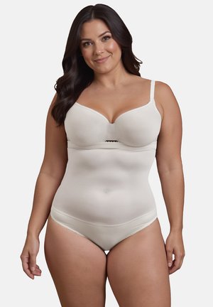 Beige nahtlose shapewear mit eingearbeitetem BH. Glatte Textur, verstellbare Träger und Spitzenakzenten an den Rändern. Shorts-Stil mit voller Abdeckung.