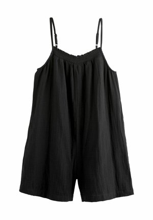 Czarny kombinezon bez rękawów z regulowanymi cienkimi ramiączkami i marszczonym dekoltem, z luźno dopasowanymi szortami.