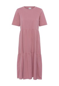 Robe rose à manches courtes en tissu doux, avec un col rond, des volants à plusieurs niveaux à l'ourlet et une coupe décontractée.