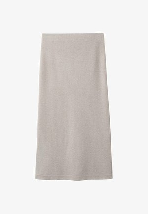 Beige rechte rok tot de knie met een eenvoudige, gladde structuur en zonder zichtbare patronen of versieringen.