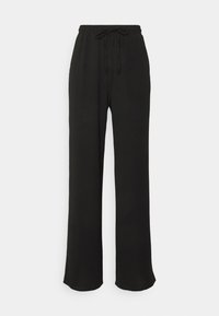 Pantaloni neri a gamba larga realizzati in tessuto morbido, con vita elastica dotata di coulisse e senza motivi o decorazioni visibili.