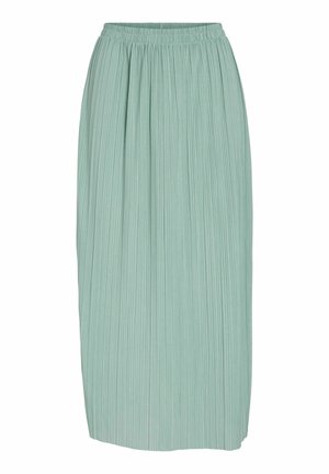 Light green pleated skirt made of soft, textured fabric, featuring an elastic waistband and floor-length design.
