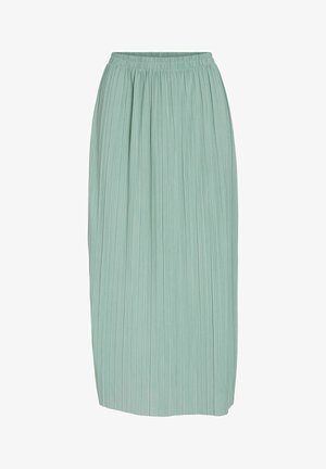 Svijetlozelena plisirana suknja izrađena od mekog, teksturiranog materijala, s elastičnim pojasom i dizajnom do poda.