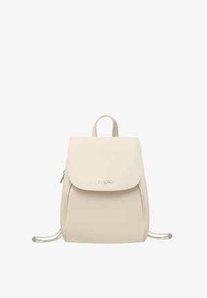 Beidzis ādas mugursoma ar apaļu formu, ar salokāmu vāku un aukliņas aizdari. Iespējas iespiests logo un teksturēta virsma.