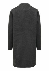 Grå ullfrakk med en lang, rett fasong, hakkekrage, senkede skuldre og bakre sømmer, med et minimalistisk design og strukturert stoff.