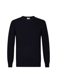 Mörkblå stickad tröja med ribbad struktur, rund halsringning och långa ärmar. Enkelt design utan ytterligare mönster eller detaljer.