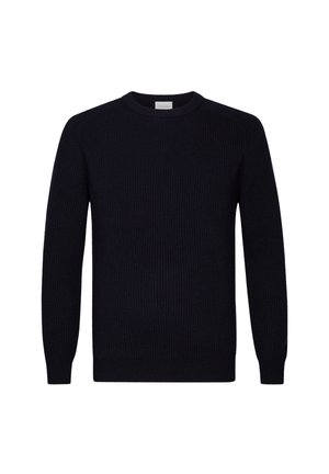 Dunkelblauer Strickpullover mit geribbelter Textur, Rundhalsausschnitt und langen Ärmeln. Schlichtes Design ohne zusätzliche Muster oder Akzente.