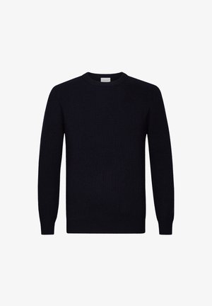 Pull en maille bleu marine avec une texture côtelée, col rond et manches longues. Design simple sans motifs ou accents supplémentaires.