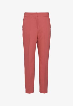 Rose-colored trousers with a smooth texture, tailored design, straight cut, and slanted front pockets. No visible hardware or patterns.