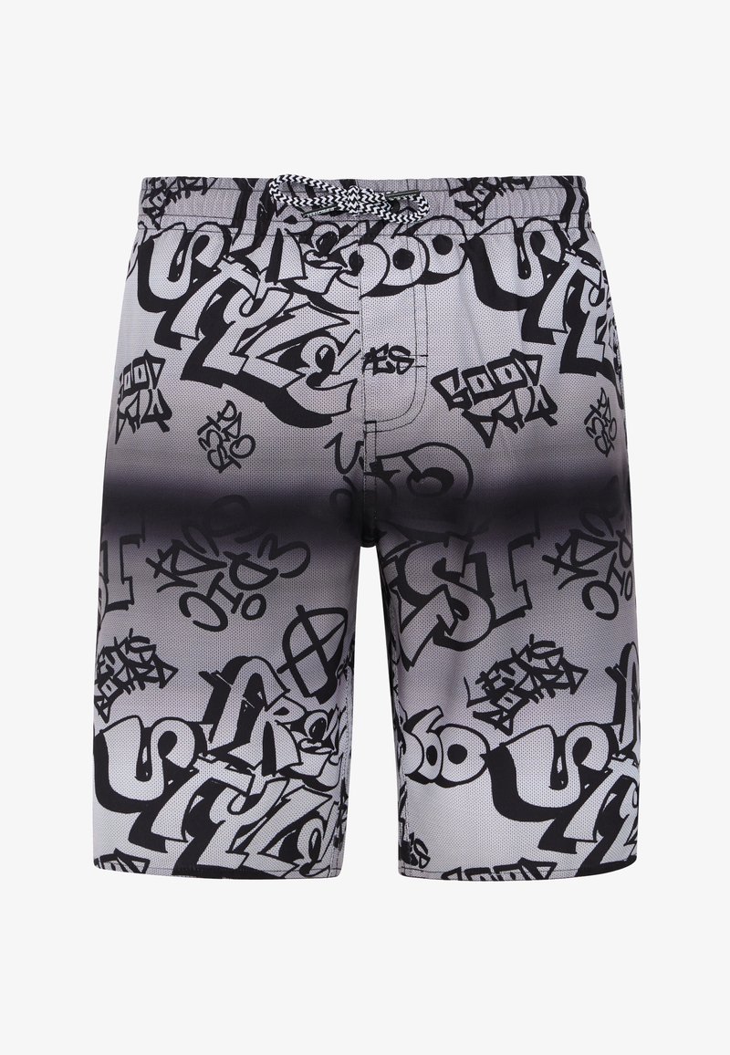 Shorts de bain noir et gris avec un imprimé style graffiti. Dotés d'une taille élastique avec cordon de serrage et d'un tissu lisse et texturé.