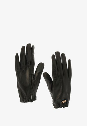 Black leather gloves with a smooth texture, sleek design, and gathered wrist. Features a subtle logo accent near the cuff.