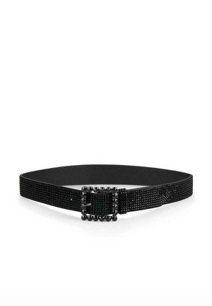 Cinturón negro con una superficie texturizada, con una hebilla cuadrada de strass. Hebilla decorada con pequeños acentos en forma de clavos y un interior de cuero suave.