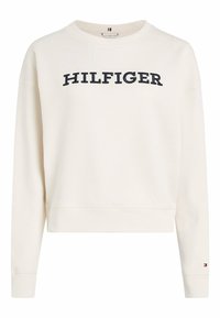 Felpa bianca con collo a giro in tessuto morbido, con il logo nero "HILFIGER" stampato sul petto e polsini e orlo a costine.