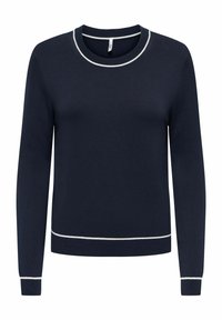 Pull à manches longues bleu marine avec bordure blanche sur le col, les poignets et l'ourlet, encolure ronde et texture côtelée.