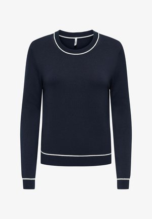 Granatowy sweter z długim rękawem z białym wykończeniem na kołnierzu, mankietach i dole, z okrągłym dekoltem i prążkowaną fakturą.