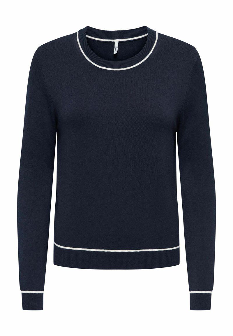Pull à manches longues bleu marine avec bordure blanche sur le col, les poignets et l'ourlet, encolure ronde et texture côtelée.